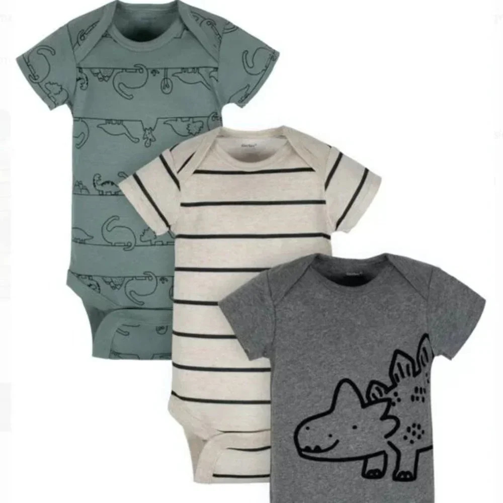Gerber Organic 3-Pack Baby Boys Dino Short Sleeve Onesies Bodysuits Size 3-9M